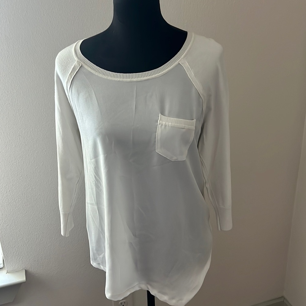 Neiman Marcus mixed media ivory sweater top 3/4 sleeves Sz S